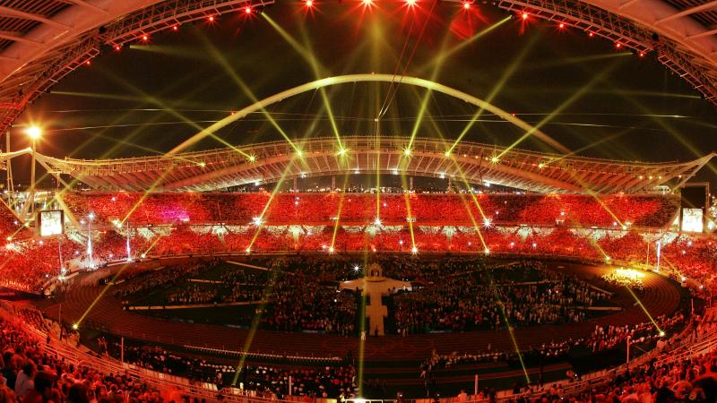Athens Opening Ceremony ATHENS - SEPTEMBER 28: The lights at Olympic Stadium turn red symbolizing the handover of the Paralympic games to Beijing during the closing ceremonies for the 2004 Paralympic Games September 28, 2004 in Athens, Greece. (