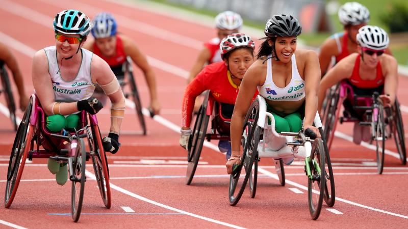 Australia's Angela Ballard and Madison de Rozario after taking second and third in the women's 800m T53 final at the 2013 IPC Athletics World Championships