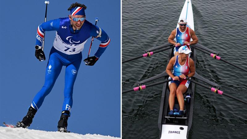 A collaged photo shows a male athlete competing in cross country skiing and Para rowing