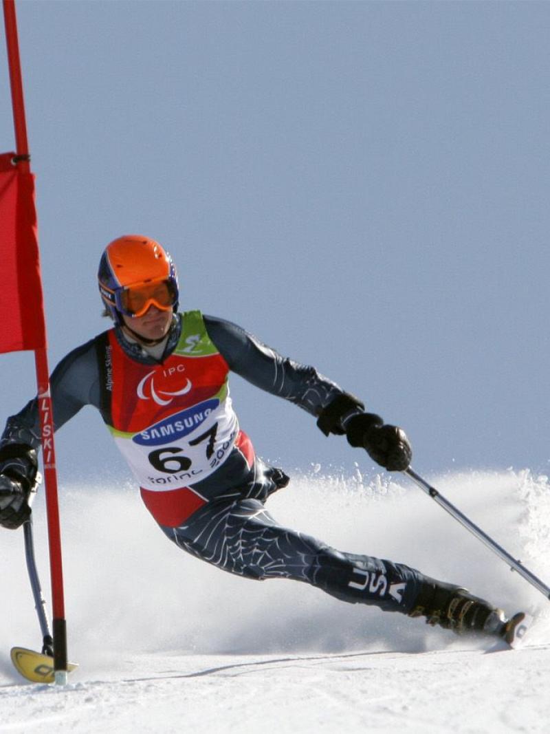 A collage of a photo of a male Para alpine skier in competition and another proto of three inflation tube men each in red, blue and yellow