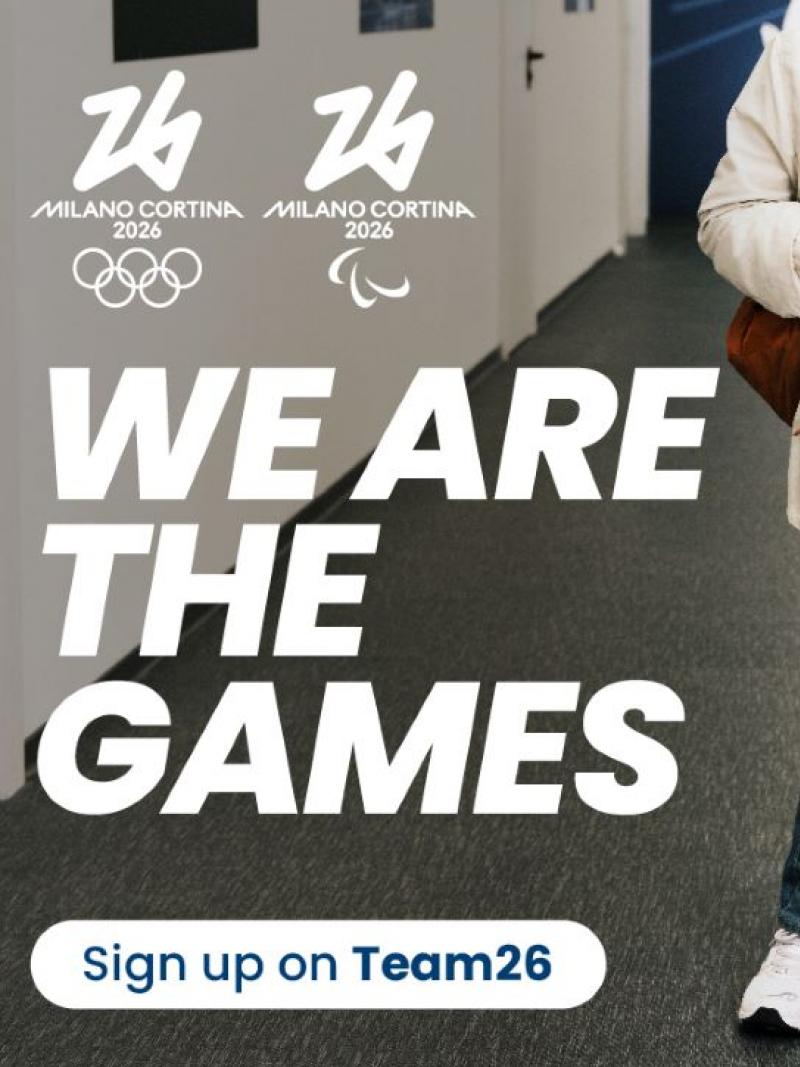The sentence "We Are the Games" and the logos of Milano Cortina 2026 in front of a photograph of a man