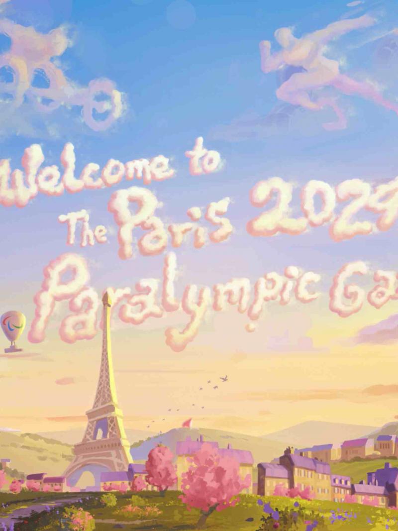 An animation image shows a town with the Eiffel Tower. Clouds forming above say "Welcome to the Paris 2024 Paralympic Games" 
