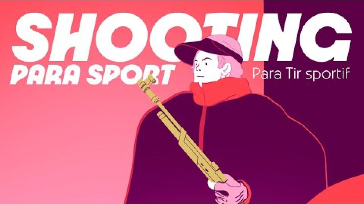 The thumbnail of a video introducing shooting Para sport. The image features a graphic of a person holding a rifle in front of bold letters saying "shooting Para sport".
